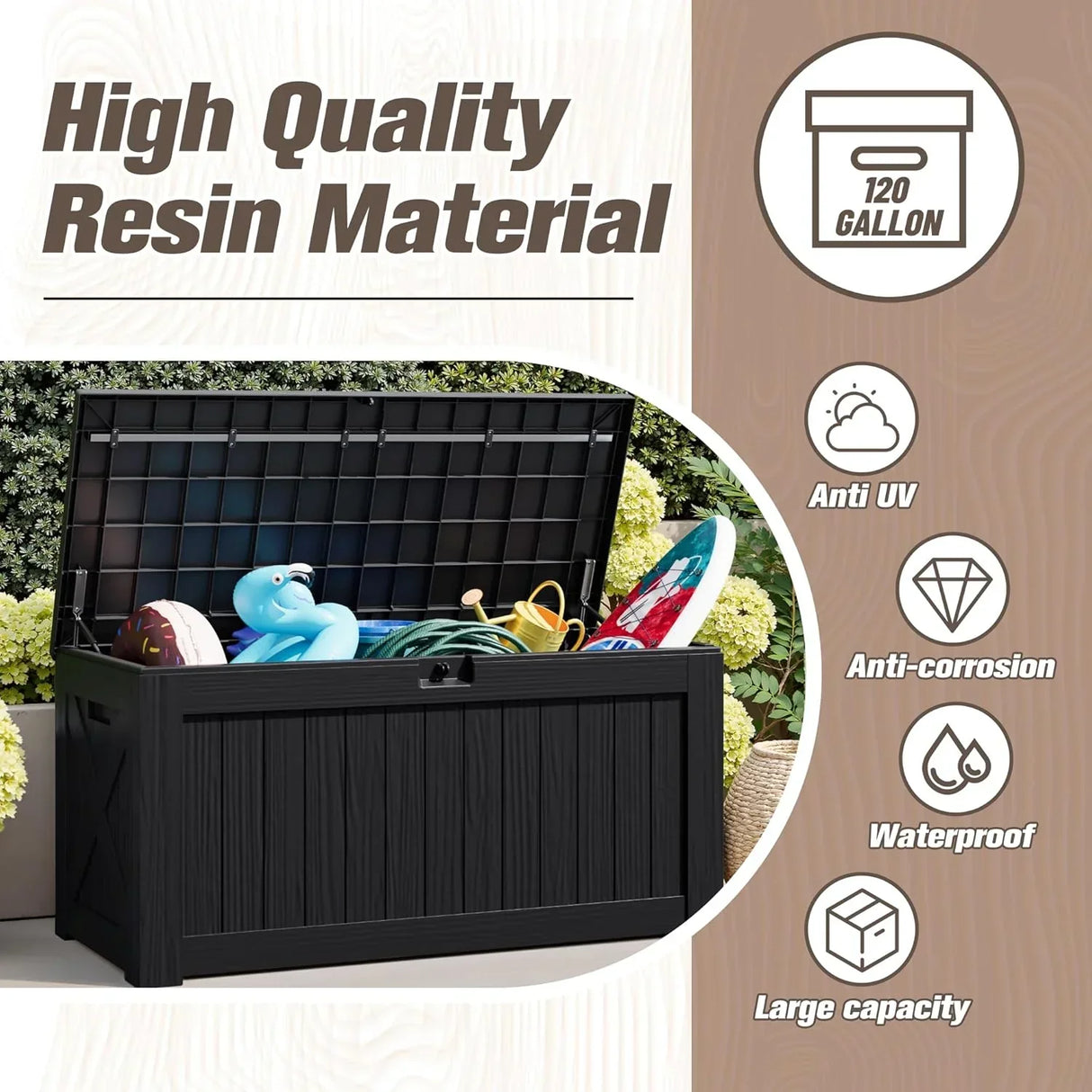 Coffre de rangement en résine – grand, résistant aux intempéries, anti-UV et verrouillable, idéal pour les coussins, les outils de jardin et les accessoires de piscine.
