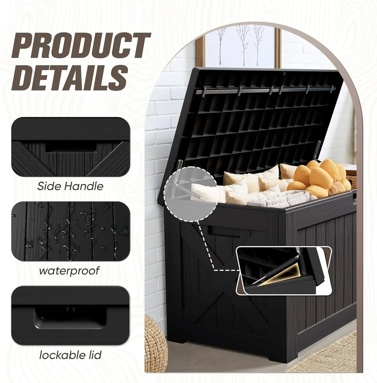 Coffre de rangement en résine – grand, résistant aux intempéries, anti-UV et verrouillable, idéal pour les coussins, les outils de jardin et les accessoires de piscine.