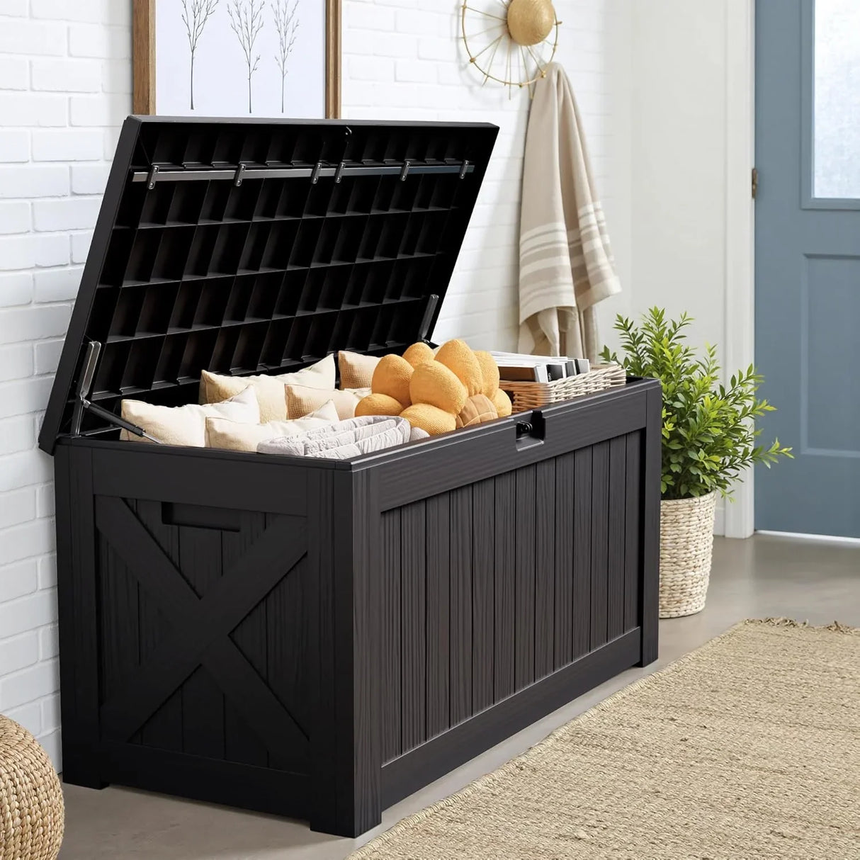 Coffre de rangement en résine – grand, résistant aux intempéries, anti-UV et verrouillable, idéal pour les coussins, les outils de jardin et les accessoires de piscine.