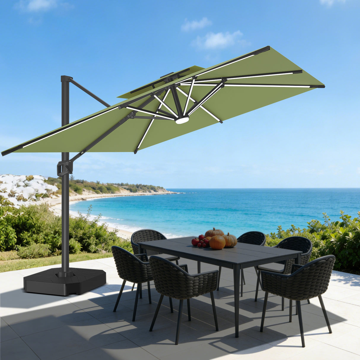 Parasol déporté Patioslife Aegis Pro avec éclairage LED et housse de protection, baleines et mât en aluminium à revêtement thermolaqué — Idéal pour jardins et terrasses