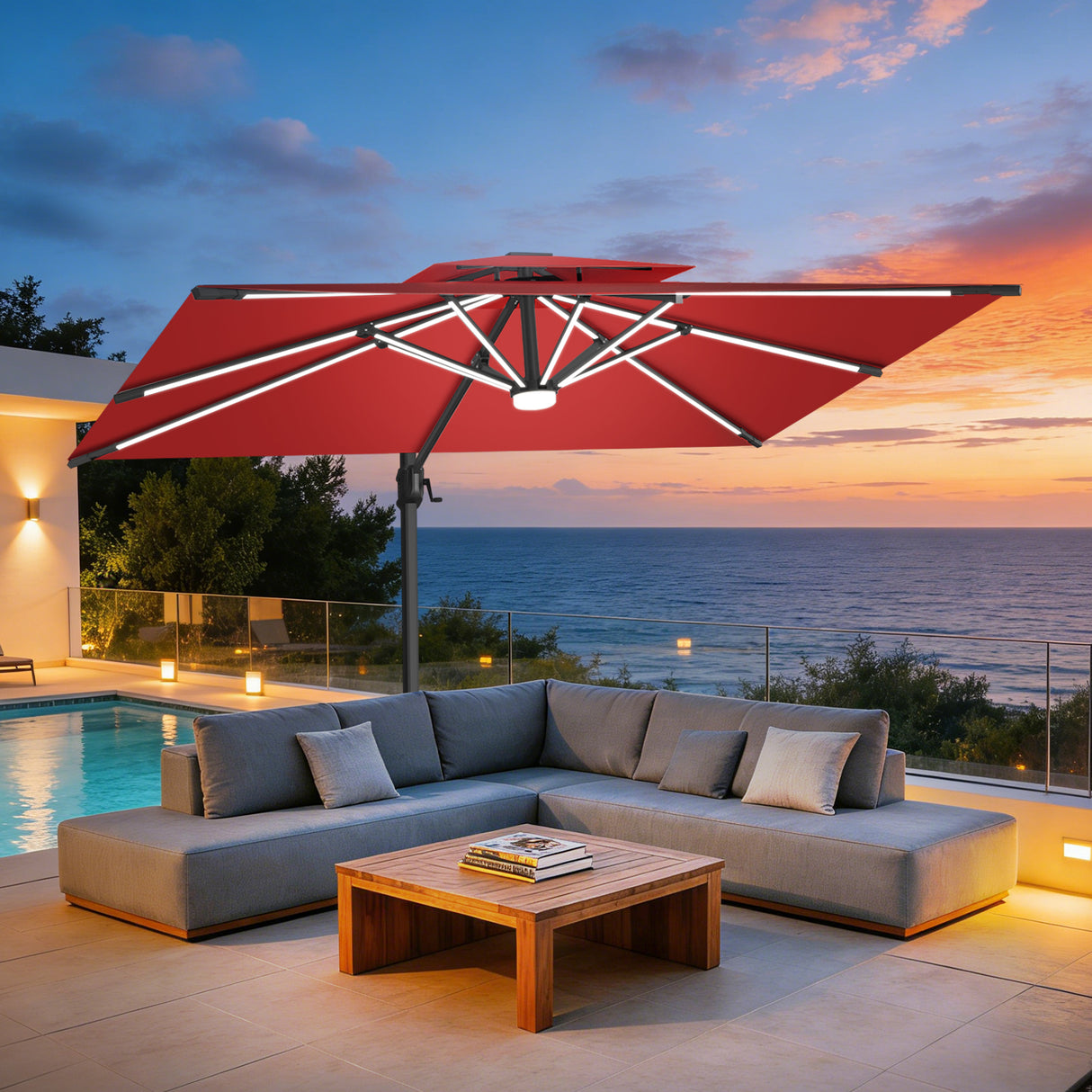 Patioslife Aegis – Parasol déporté Premium avec éclairage LED intégré, base croisée en métal et baleines en fibre de verre
