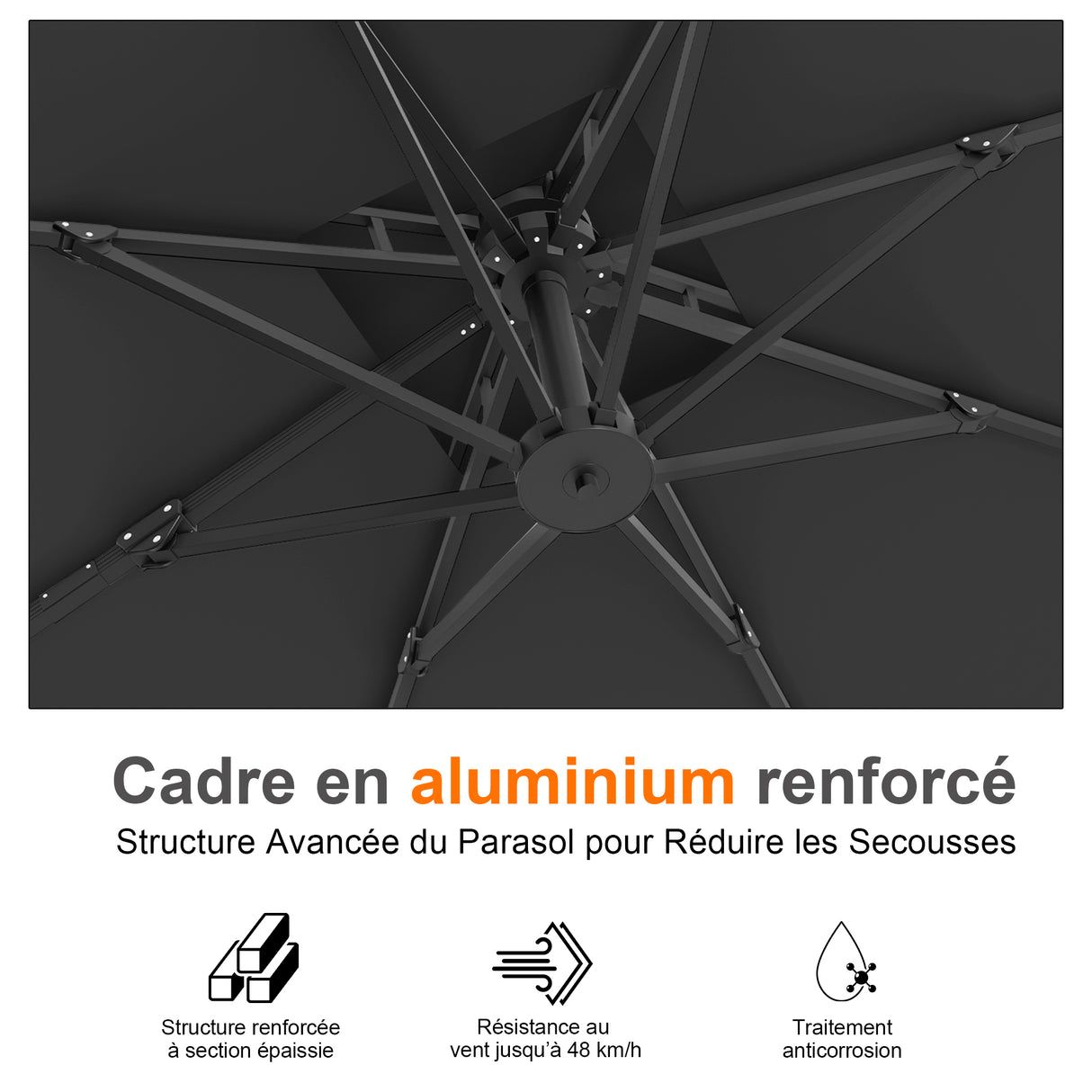 Parasol déporté Patioslife Aegis Pro™ avec base et housse de protection — Baleines en fibre de verre et mât en aluminium à revêtement thermolaqué pour jardin et terrasse