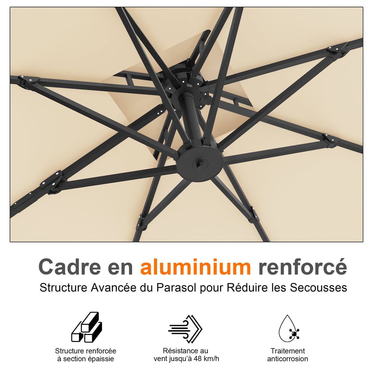 Parasol déporté Patioslife Aegis Pro™ avec base et housse de protection — Baleines en fibre de verre et mât en aluminium à revêtement thermolaqué pour jardin et terrasse