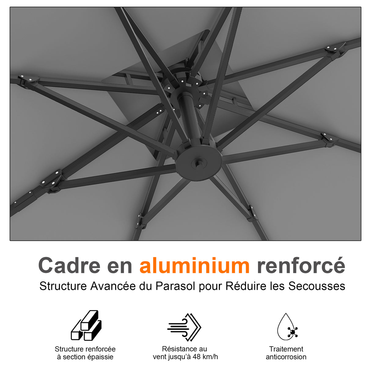 Parasol déporté Patioslife Aegis Pro™ avec base et housse de protection — Baleines en fibre de verre et mât en aluminium à revêtement thermolaqué pour jardin et terrasse