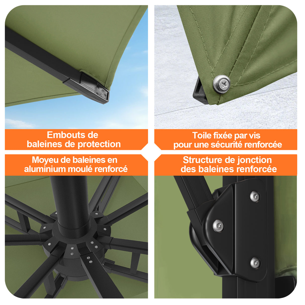 Patioslife Aegis – Parasol déporté Premium avec éclairage LED intégré, base croisée en métal et baleines en fibre de verre