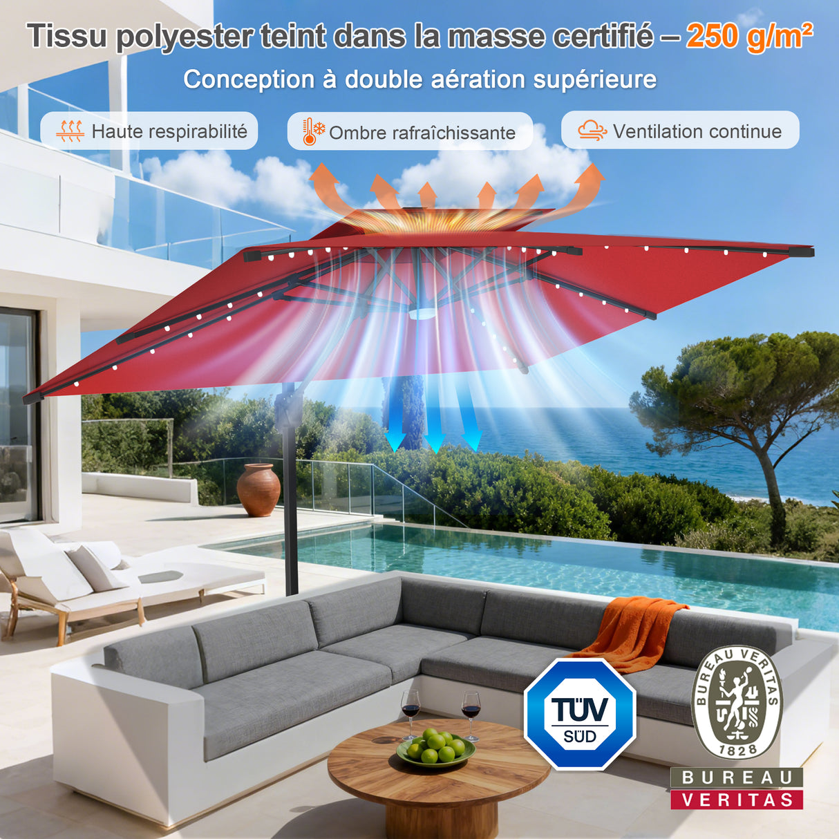 Parasol déporté Patioslife Aegis Pro avec éclairage LED et housse de protection, baleines et mât en aluminium à revêtement thermolaqué — Idéal pour jardins et terrasses