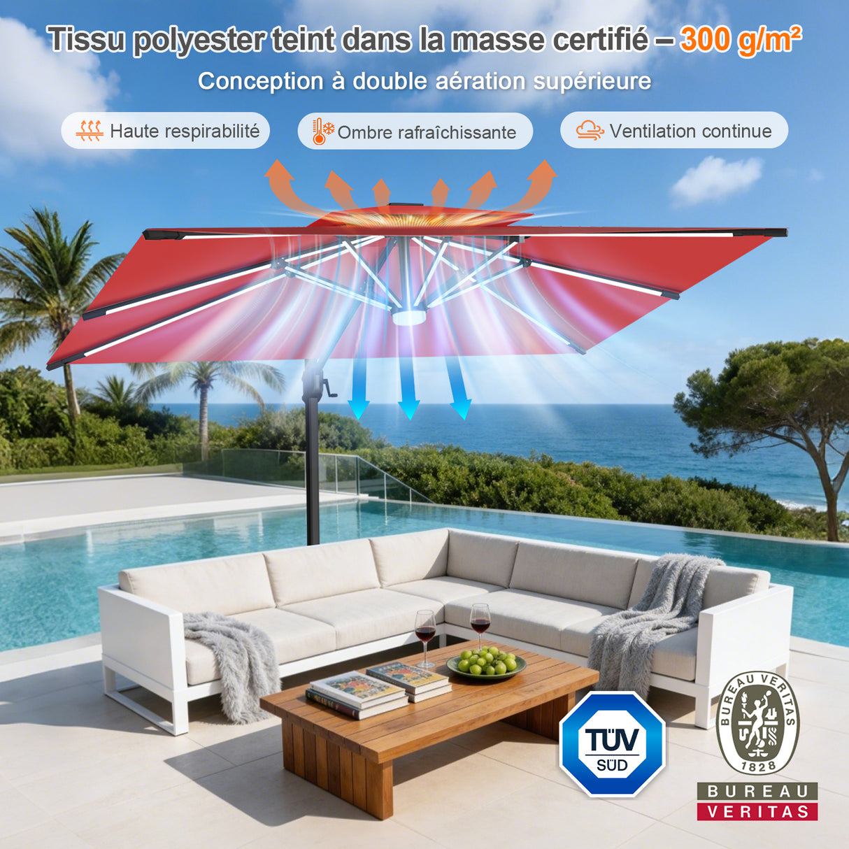 Patioslife Aegis – Parasol déporté Premium avec éclairage LED intégré, base croisée en métal et baleines en fibre de verre