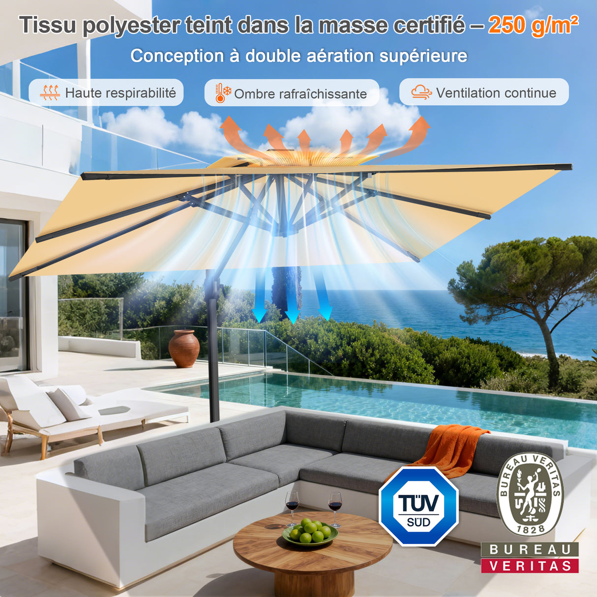 Parasol déporté Patioslife Aegis Pro™ avec base et housse de protection — Baleines en fibre de verre et mât en aluminium à revêtement thermolaqué pour jardin et terrasse