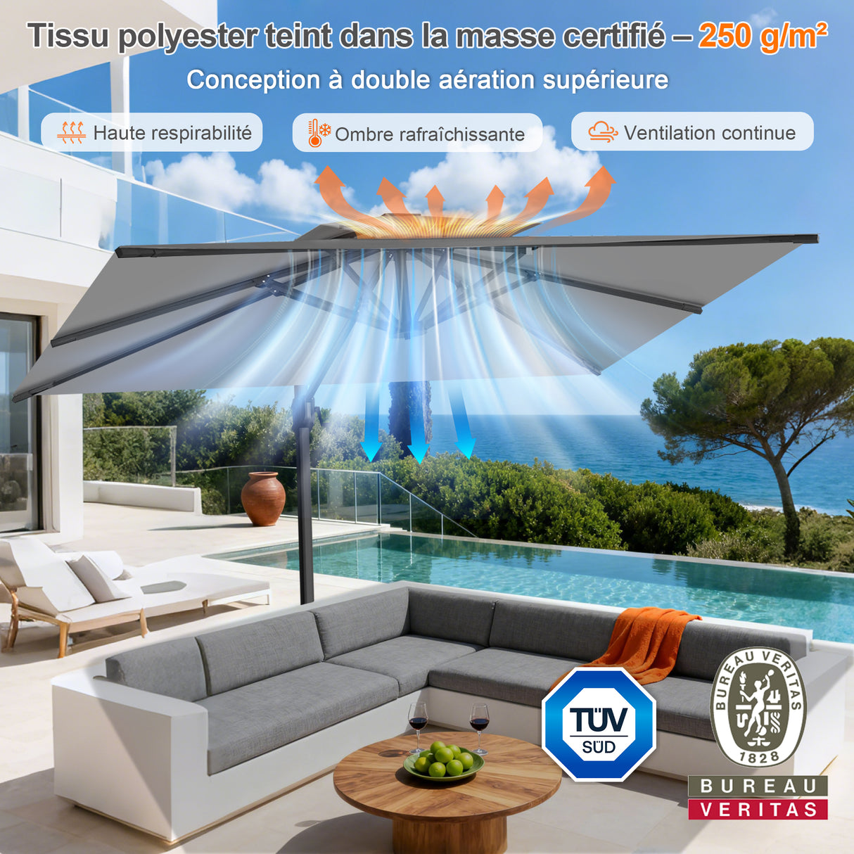 Parasol déporté Patioslife Aegis Pro™ avec base et housse de protection — Baleines en fibre de verre et mât en aluminium à revêtement thermolaqué pour jardin et terrasse