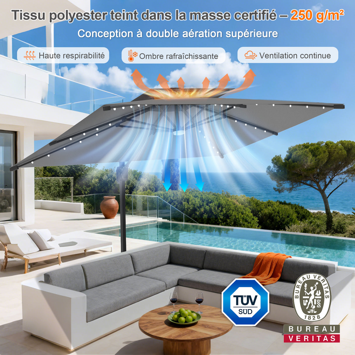 Parasol déporté Patioslife Aegis Pro avec éclairage LED et housse de protection, baleines et mât en aluminium à revêtement thermolaqué — Idéal pour jardins et terrasses