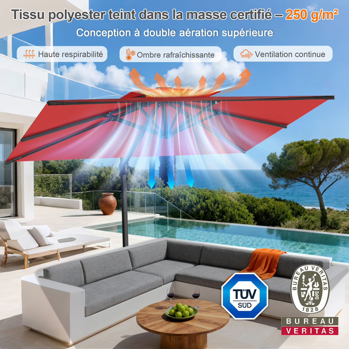 Parasol déporté Patioslife Aegis Pro™ avec base et housse de protection — Baleines en fibre de verre et mât en aluminium à revêtement thermolaqué pour jardin et terrasse
