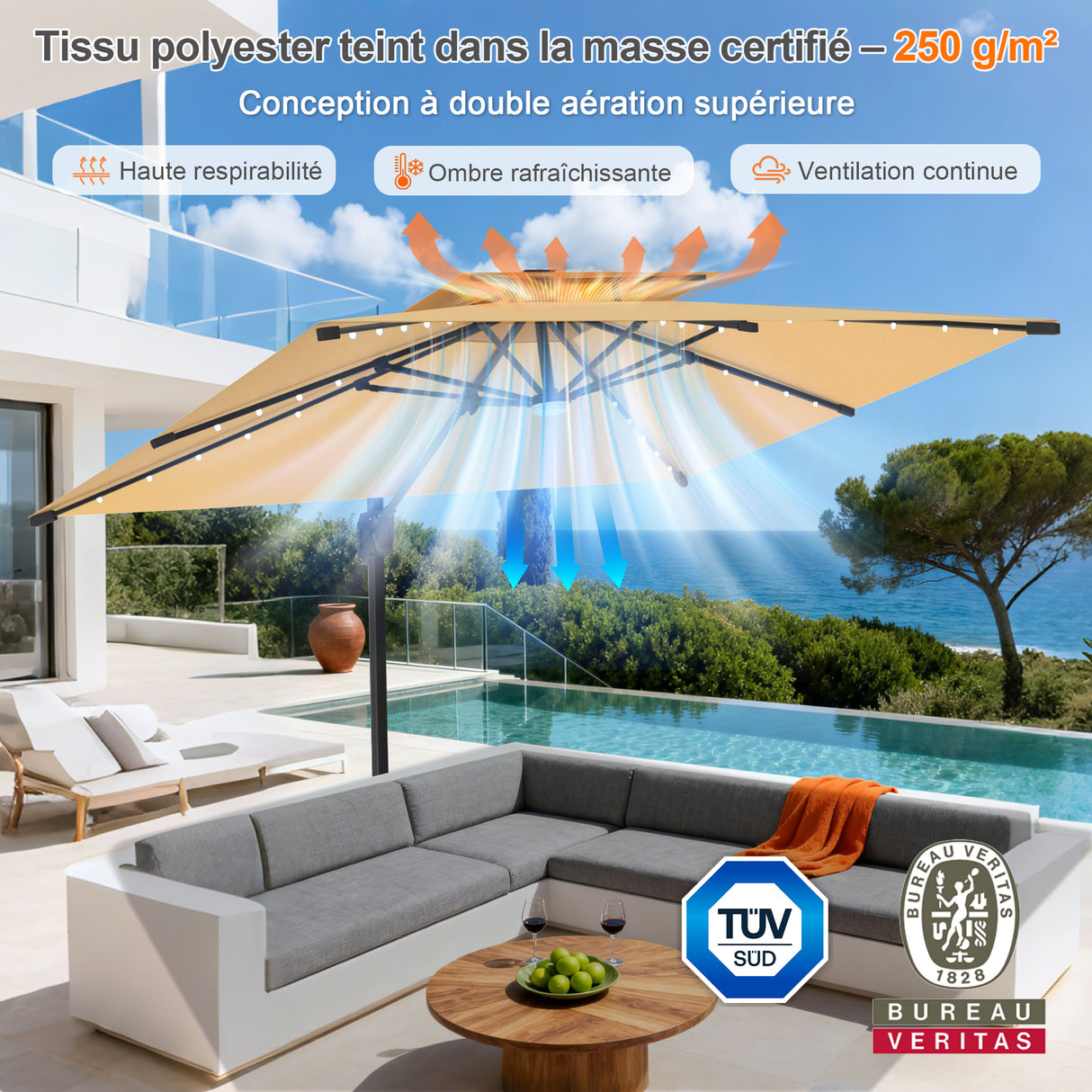 Parasol déporté Patioslife Aegis Pro avec éclairage LED et housse de protection, baleines et mât en aluminium à revêtement thermolaqué — Idéal pour jardins et terrasses