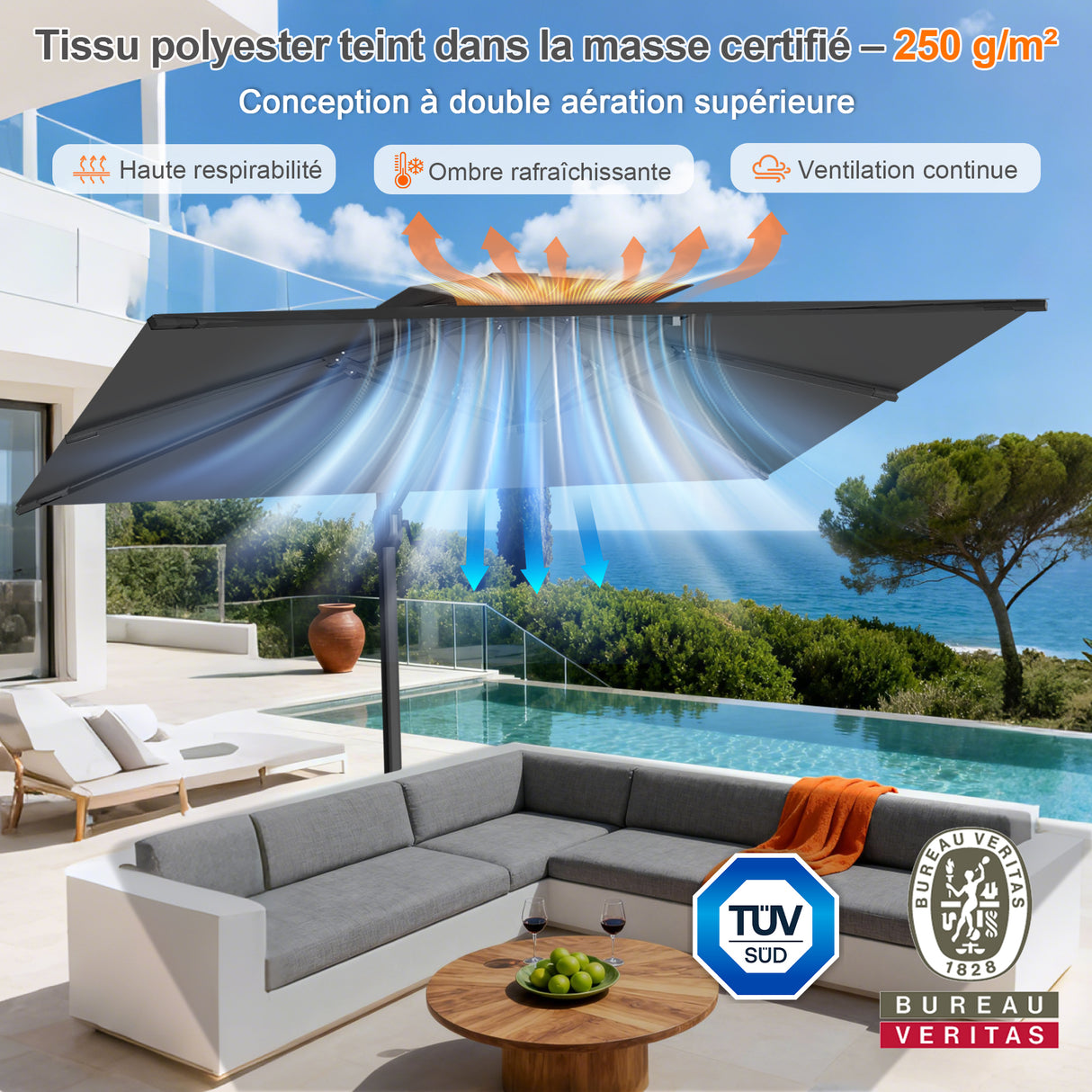 Parasol déporté Patioslife Aegis Pro™ avec base et housse de protection — Baleines en fibre de verre et mât en aluminium à revêtement thermolaqué pour jardin et terrasse