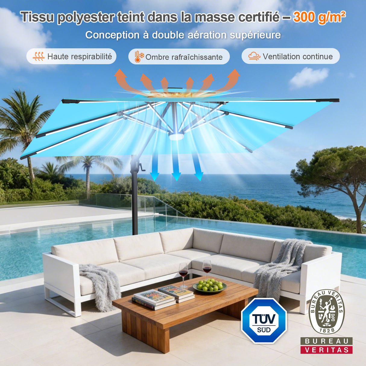 Patioslife Aegis – Parasol déporté Premium avec éclairage LED intégré, base croisée en métal et baleines en fibre de verre