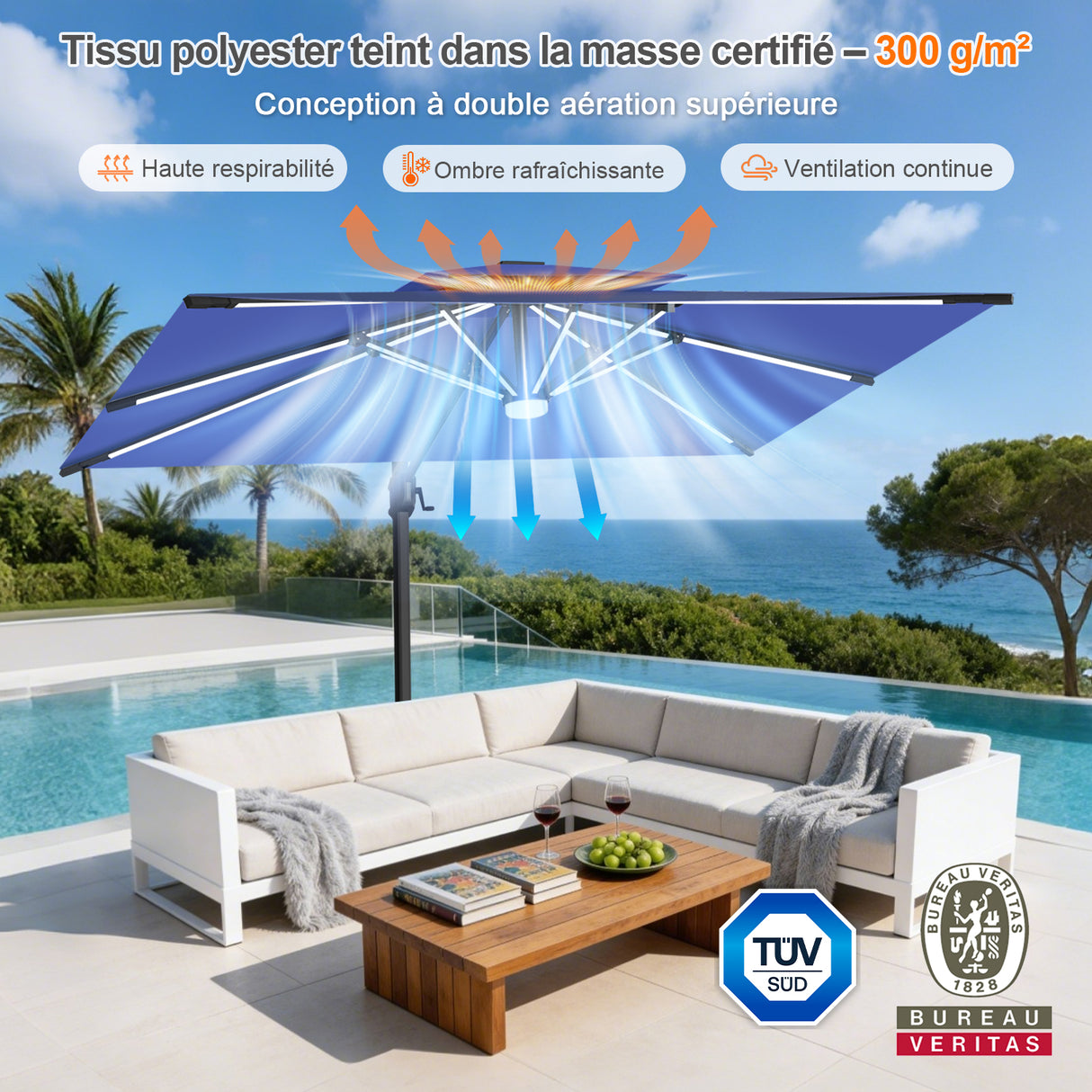 Patioslife Aegis – Parasol déporté Premium avec éclairage LED intégré, base croisée en métal et baleines en fibre de verre