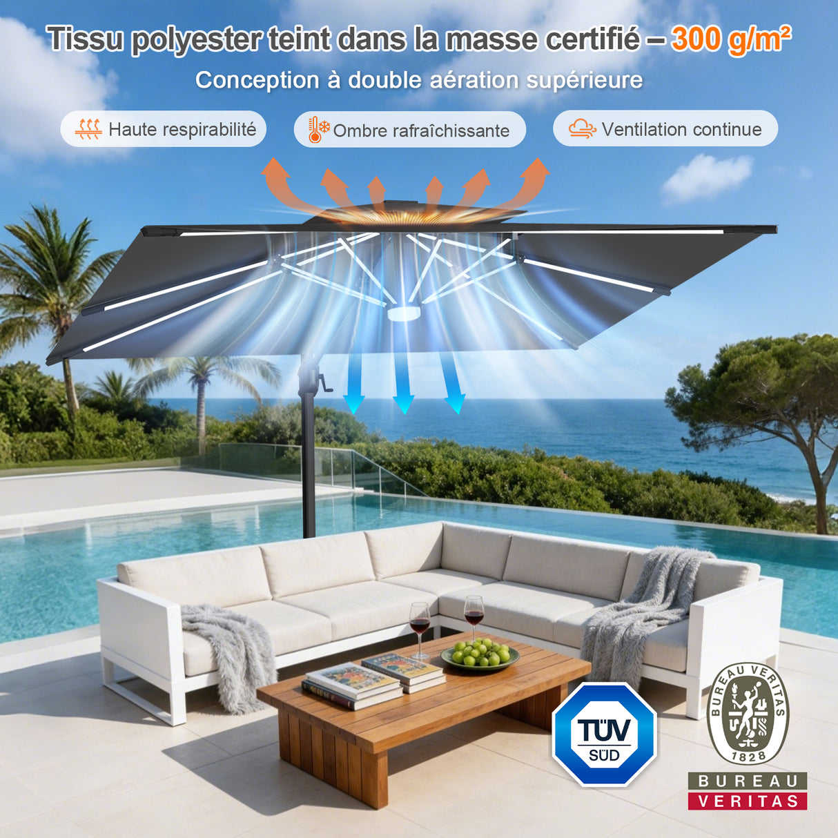 Patioslife Aegis – Parasol déporté Premium avec éclairage LED intégré, base croisée en métal et baleines en fibre de verre