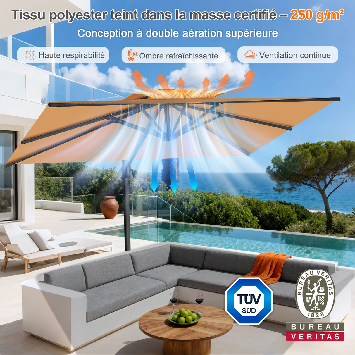 Parasol déporté Patioslife Aegis Pro™ avec base et housse de protection — Baleines en fibre de verre et mât en aluminium à revêtement thermolaqué pour jardin et terrasse