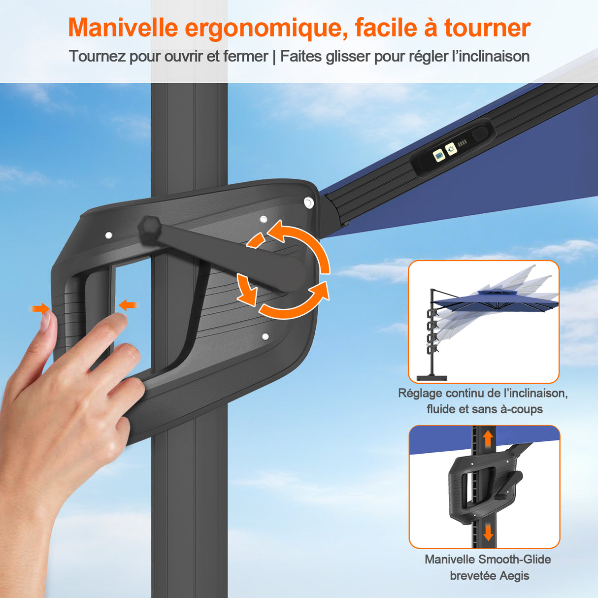 Patioslife Aegis – Parasol déporté Premium avec éclairage LED intégré, base croisée en métal et baleines en fibre de verre