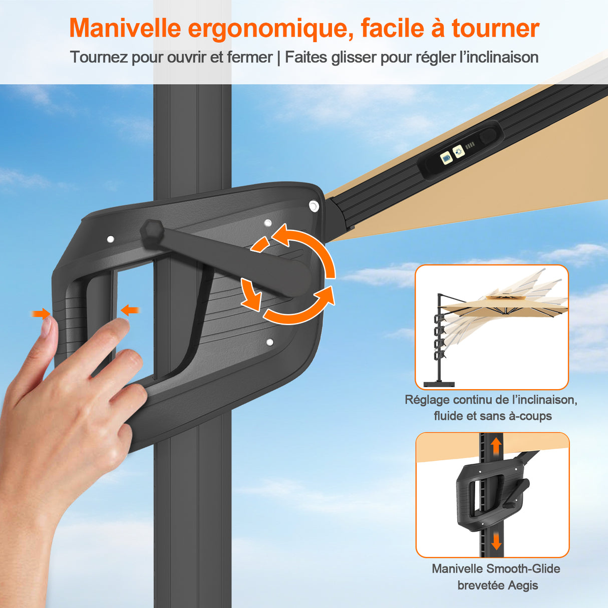 Patioslife Aegis – Parasol déporté Premium avec éclairage LED intégré, base croisée en métal et baleines en fibre de verre