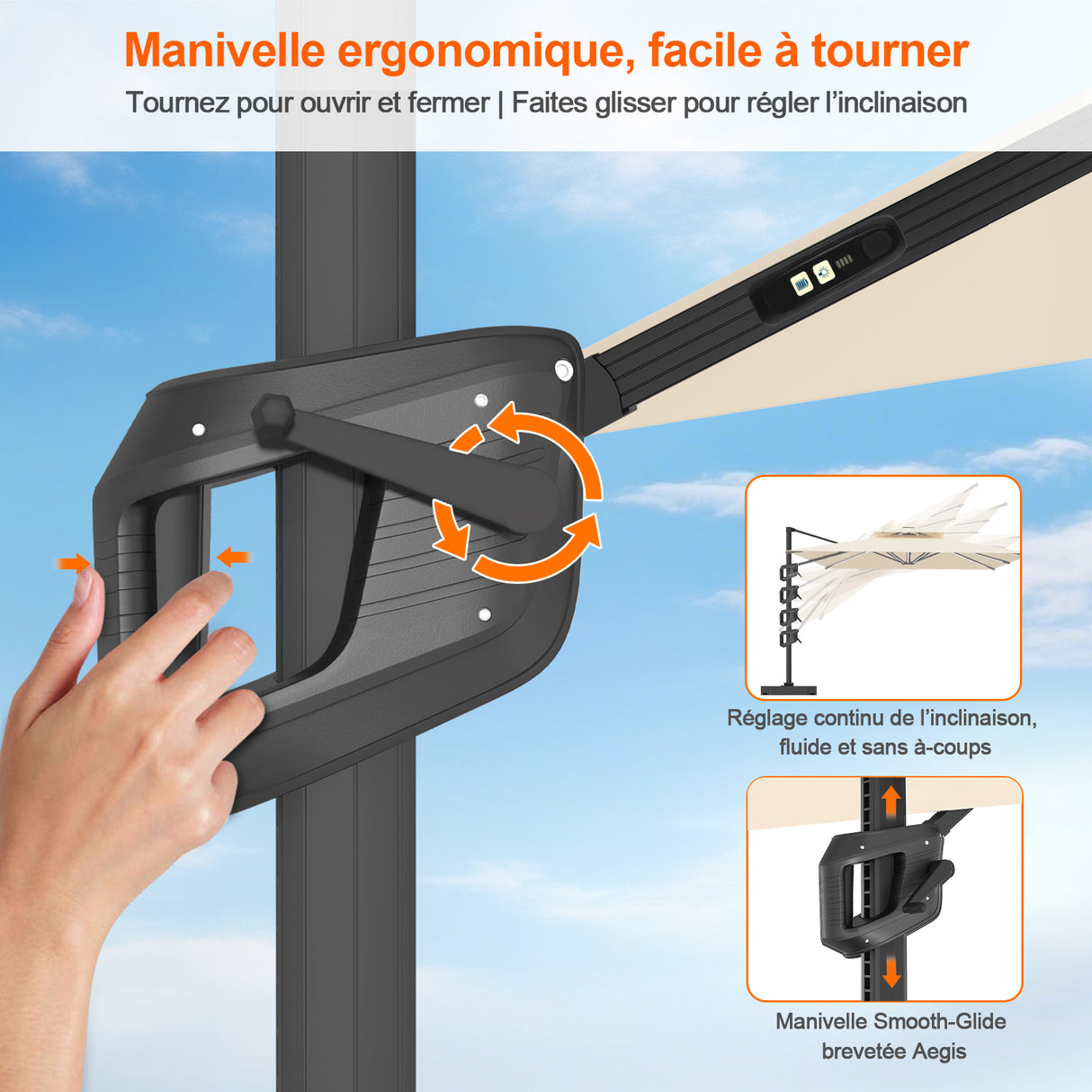 Patioslife Aegis – Parasol déporté Premium avec éclairage LED intégré, base croisée en métal et baleines en fibre de verre