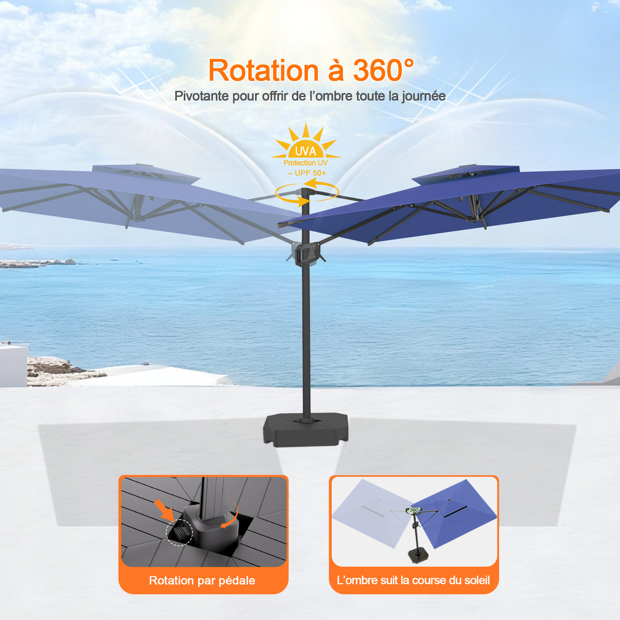 Parasol déporté Patioslife Aegis Pro™ avec base et housse de protection — Baleines en fibre de verre et mât en aluminium à revêtement thermolaqué pour jardin et terrasse