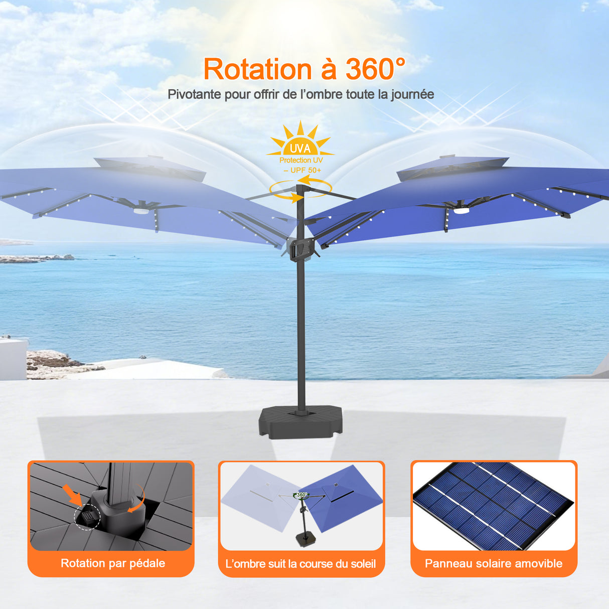 Parasol déporté Patioslife Aegis Pro avec éclairage LED et housse de protection, baleines et mât en aluminium à revêtement thermolaqué — Idéal pour jardins et terrasses