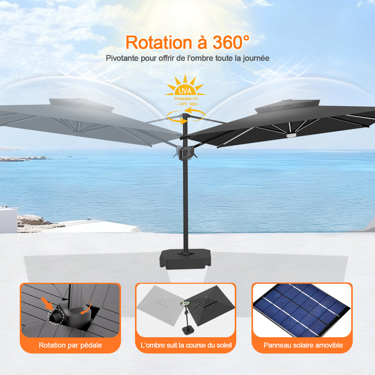 Patioslife Aegis – Parasol déporté Premium avec éclairage LED intégré, base croisée en métal et baleines en fibre de verre