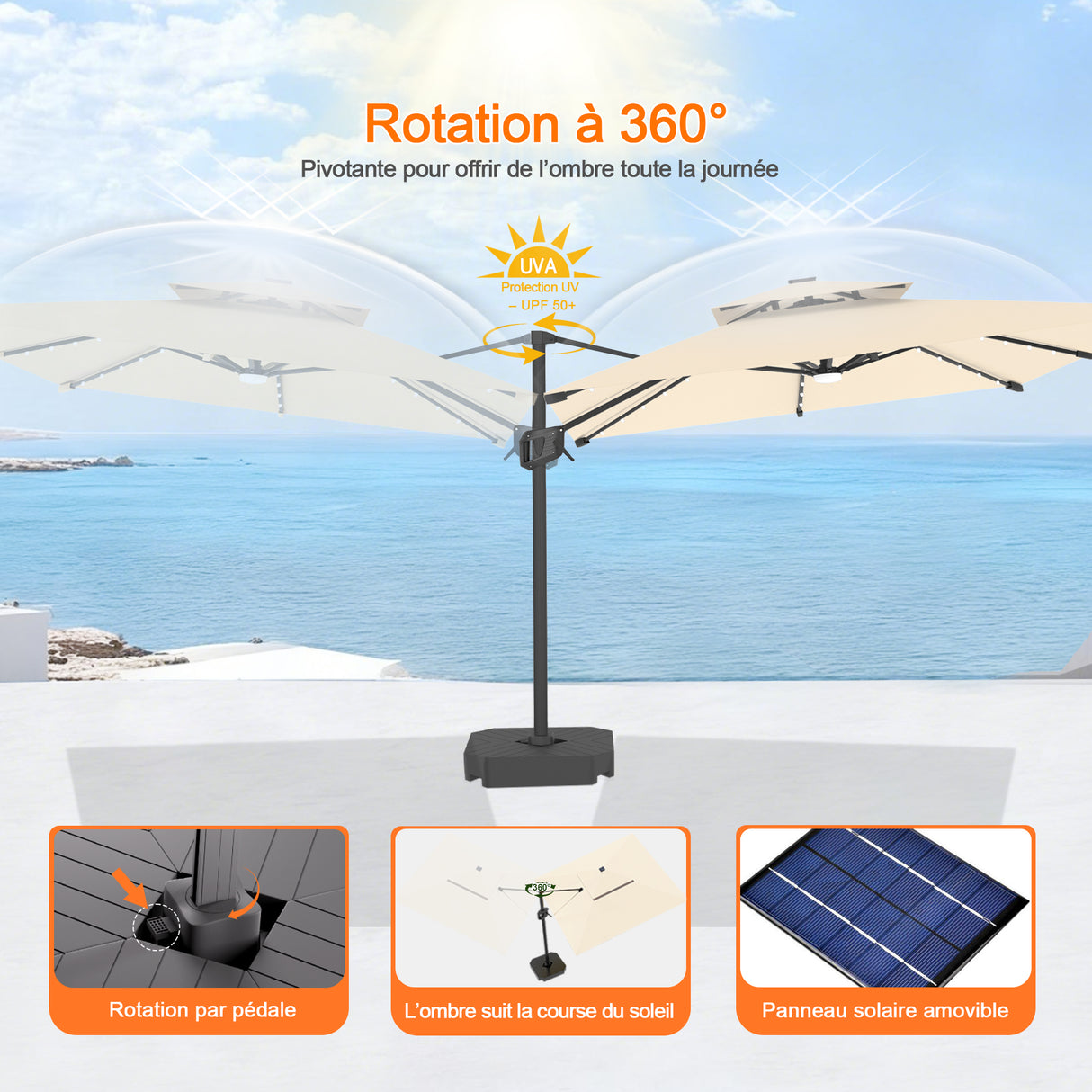 Parasol déporté Patioslife Aegis Pro avec éclairage LED et housse de protection, baleines et mât en aluminium à revêtement thermolaqué — Idéal pour jardins et terrasses