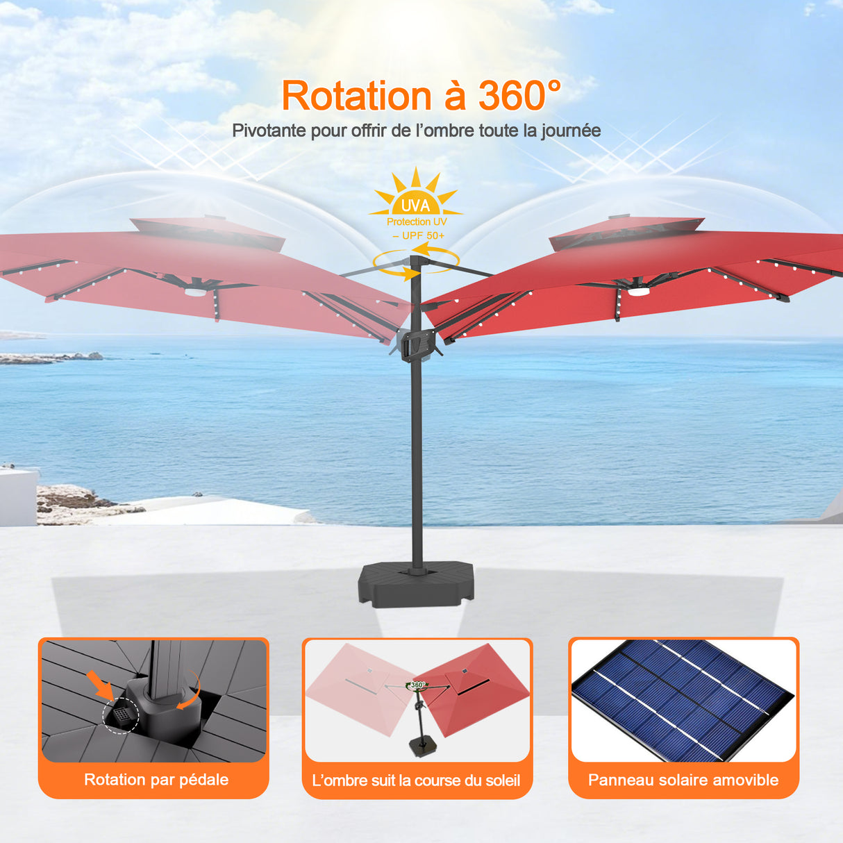 Parasol déporté Patioslife Aegis Pro avec éclairage LED et housse de protection, baleines et mât en aluminium à revêtement thermolaqué — Idéal pour jardins et terrasses