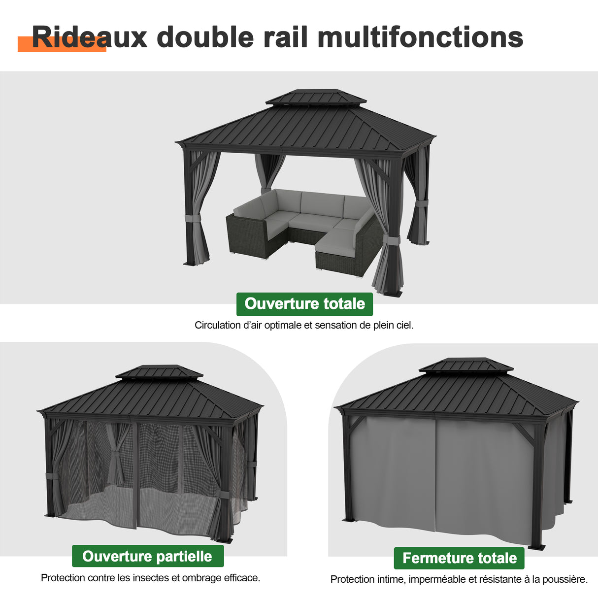 Patioslife Haven | Gazebo à toit rigide avec gouttières de drainage, structure en aluminium, toit doublement aéré et rideaux, pergola pour terrasse ou jardin.