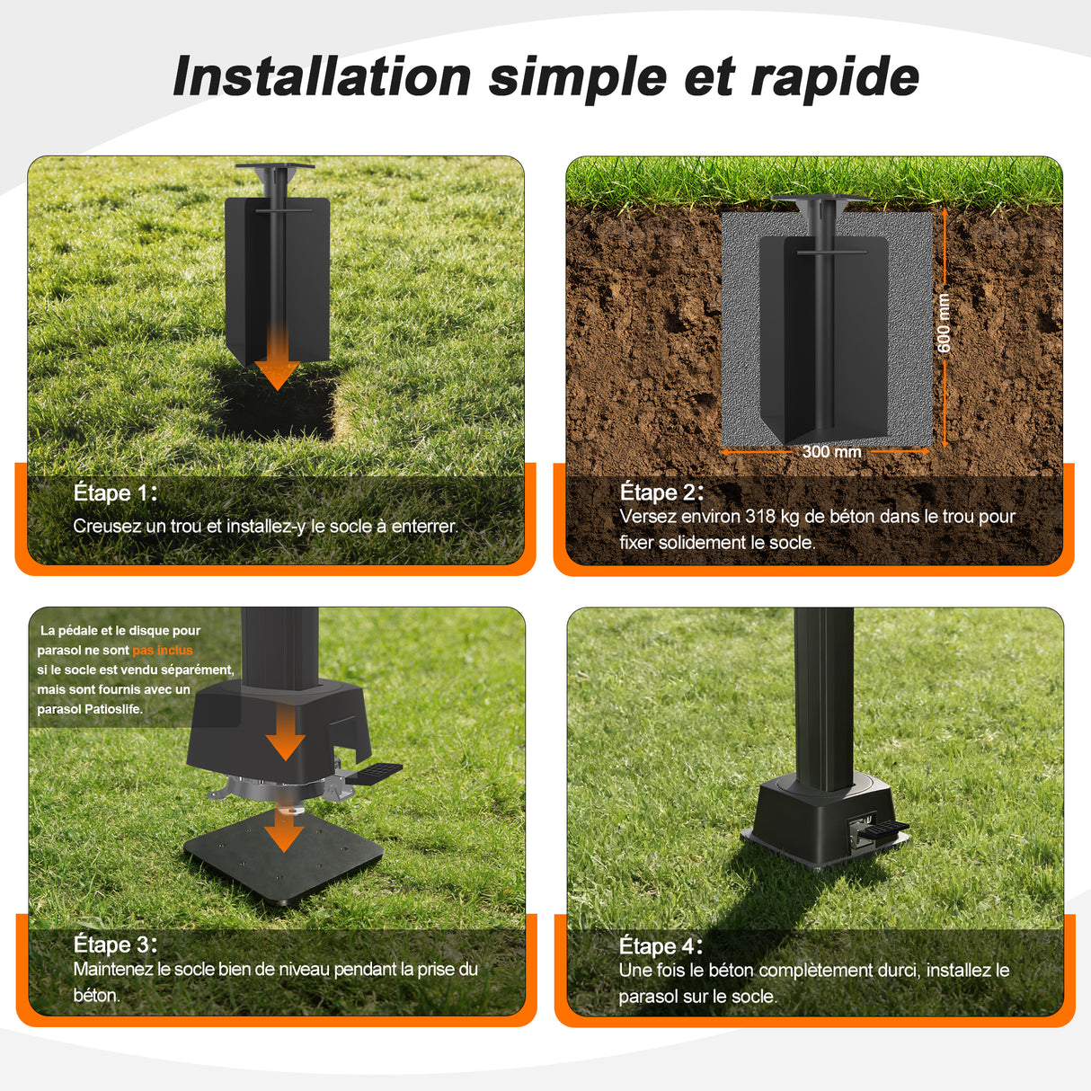 Base à enterrer Patioslife Aegis pour parasol déporté – acier renforcé, profondeur 61 cm, double traitement anticorrosion, stabilité maximale et fixation sécurisée dans le béton