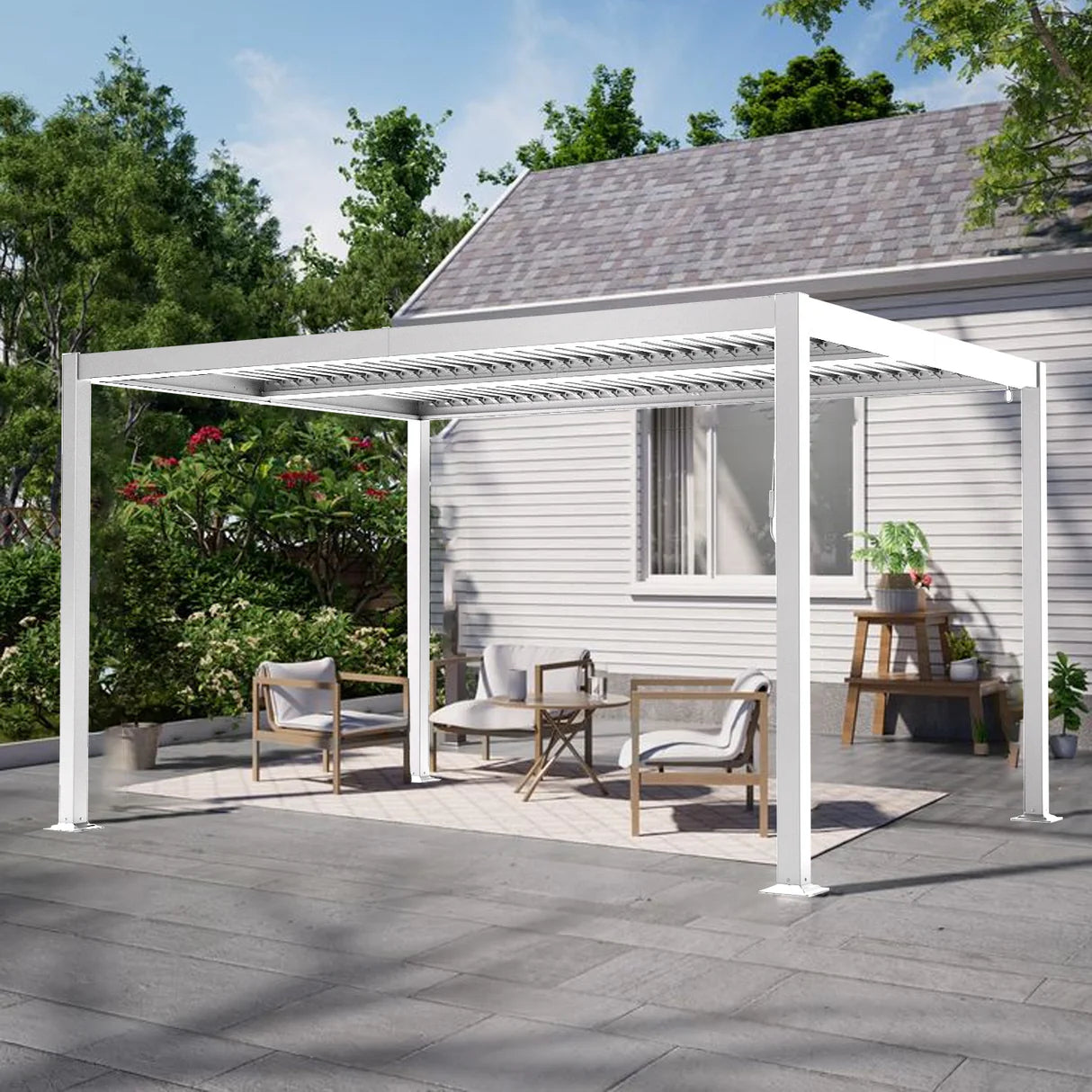 White Aluminium Louvered Pergola,patioslife,Poolside,Outdoor Leisure Area,Outdoor Kitchen or Dining Area,Garden Pathway,Rooftop Terrace,Sun Shading & Light Contro,Space Definition