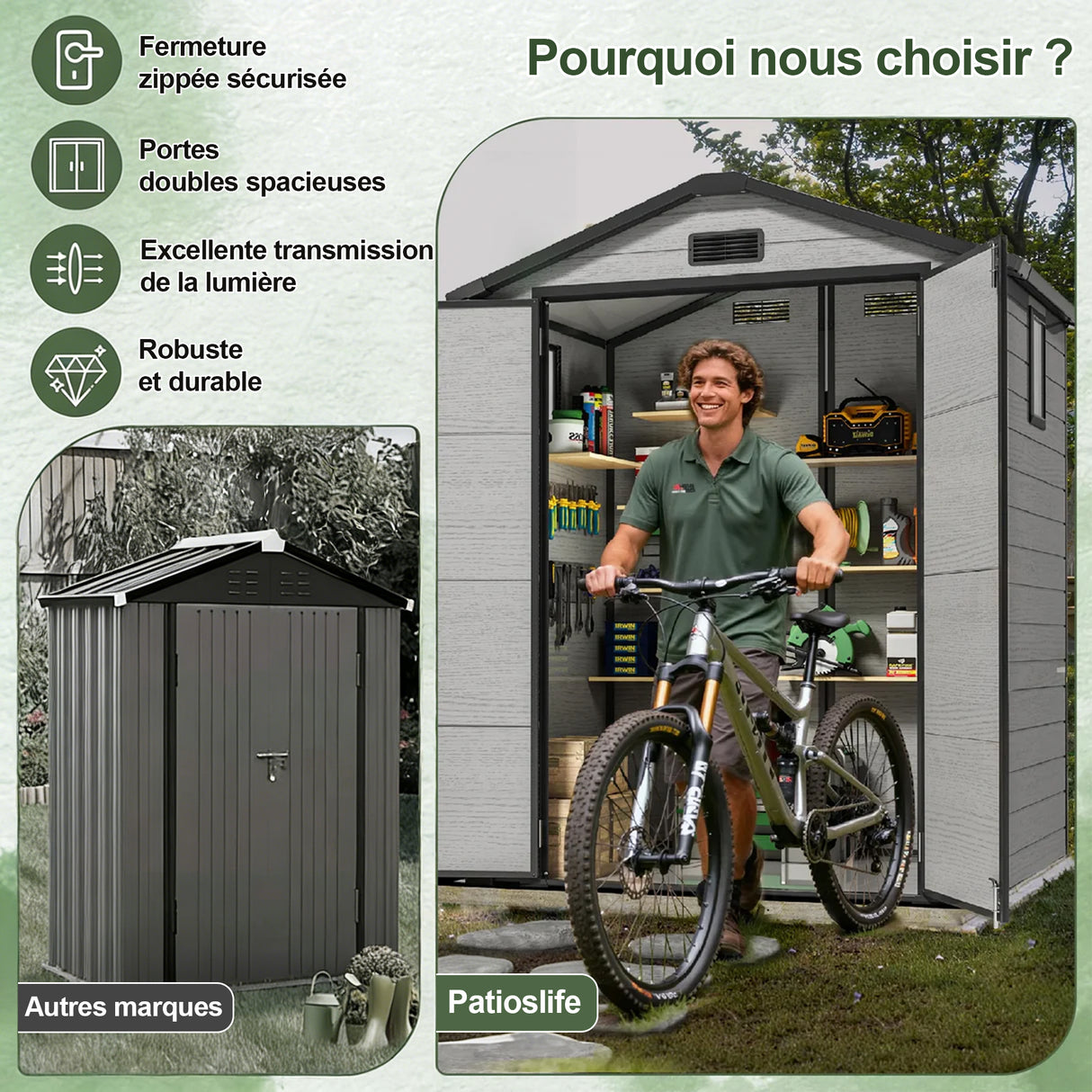 Abri de Jardin en Résine Patioslife YardVault avec Plancher - Cabanon de Rangement Étanche & Anti-UV - Structure Renforcée pour Outils et Vélos