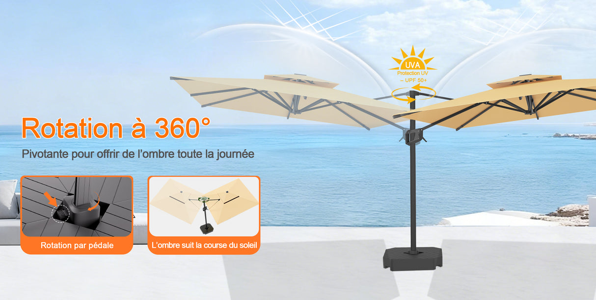 Parasol déporté Patioslife Aegis Pro™ avec base et housse de protection — Baleines en fibre de verre et mât en aluminium à revêtement thermolaqué pour jardin et terrasse