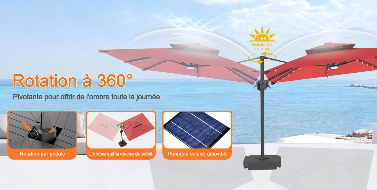 Parasol déporté Patioslife Aegis Pro avec éclairage LED et housse de protection, baleines et mât en aluminium à revêtement thermolaqué — Idéal pour jardins et terrasses