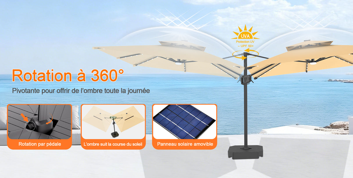 Parasol déporté Patioslife Aegis Pro avec éclairage LED et housse de protection, baleines et mât en aluminium à revêtement thermolaqué — Idéal pour jardins et terrasses