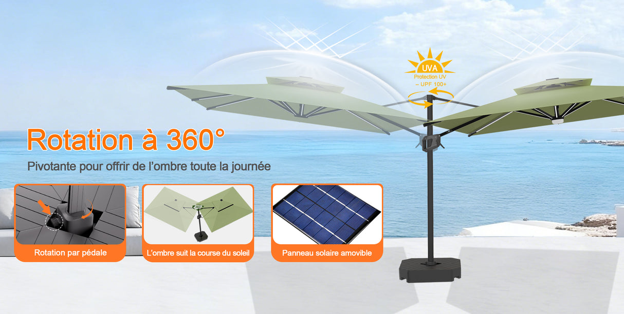 Patioslife Aegis – Parasol déporté Premium avec éclairage LED intégré, base croisée en métal et baleines en fibre de verre