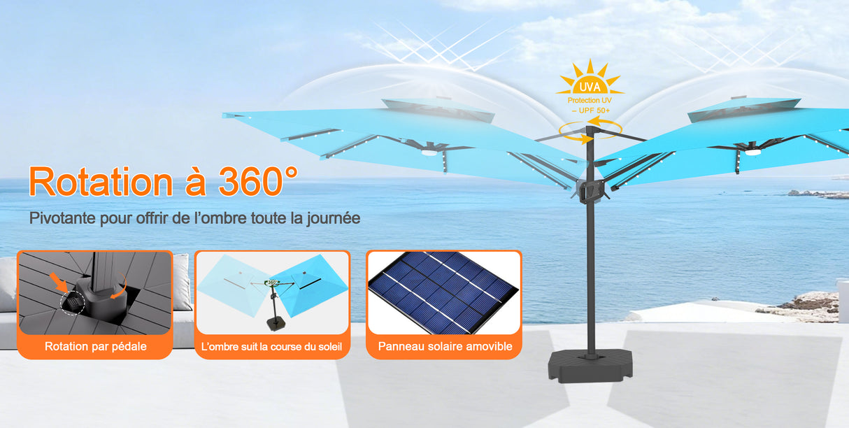Parasol déporté Patioslife Aegis Pro avec éclairage LED et housse de protection, baleines et mât en aluminium à revêtement thermolaqué — Idéal pour jardins et terrasses
