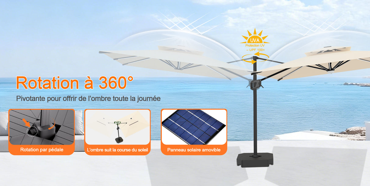 Patioslife Aegis – Parasol déporté Premium avec éclairage LED intégré, base croisée en métal et baleines en fibre de verre