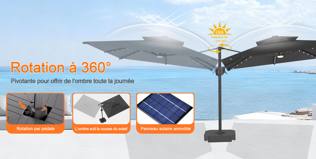Parasol déporté Patioslife Aegis Pro avec éclairage LED et housse de protection, baleines et mât en aluminium à revêtement thermolaqué — Idéal pour jardins et terrasses