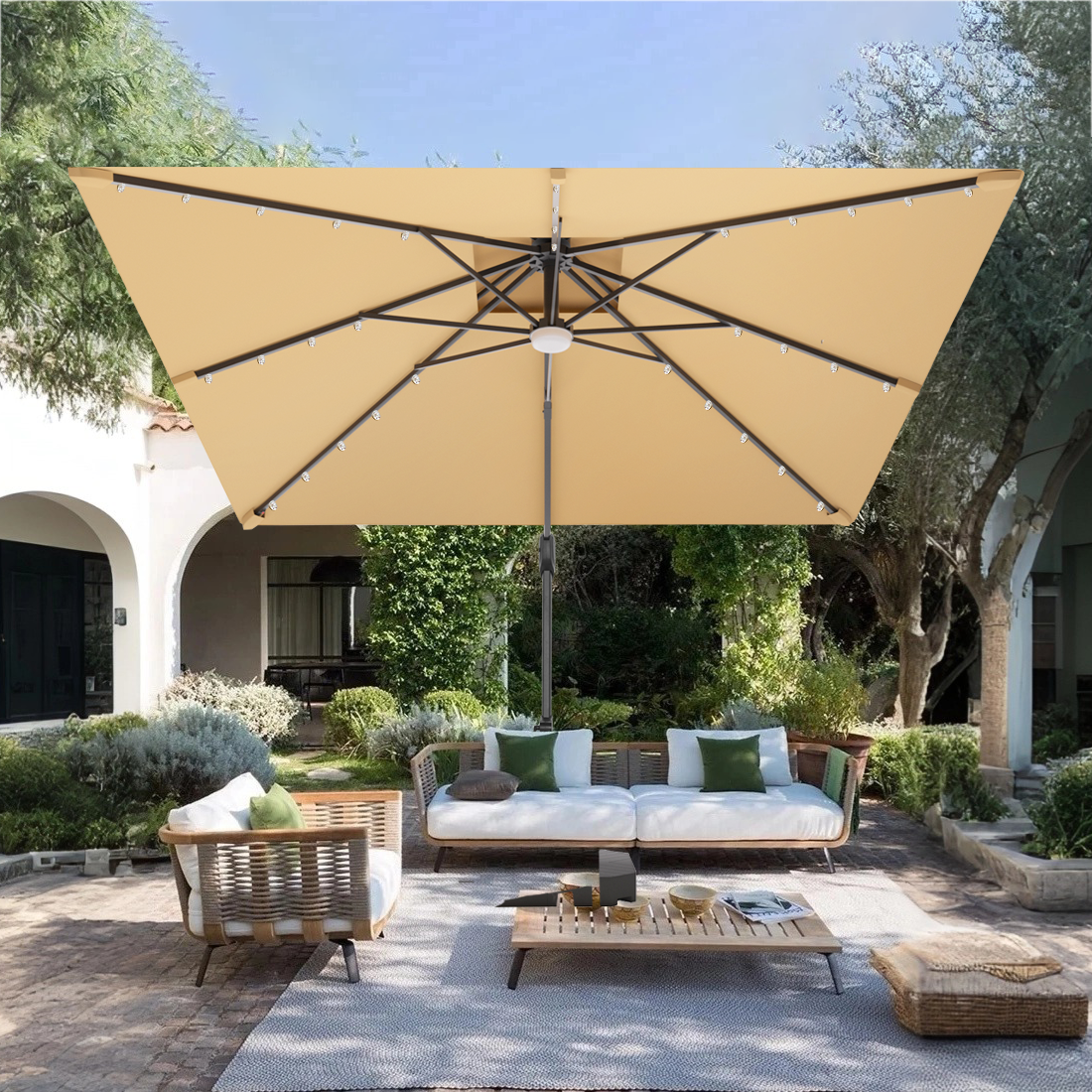 Parasol déporté et mistral : les précautions à prendre dans un jardin exposé au vent