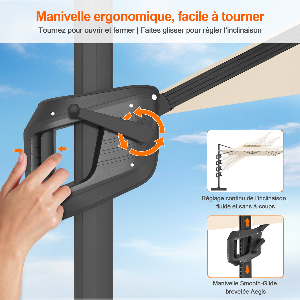Parasol déporté Patioslife Aegis Pro™ avec base et housse de protection — Baleines en fibre de verre et mât en aluminium à revêtement thermolaqué pour jardin et terrasse