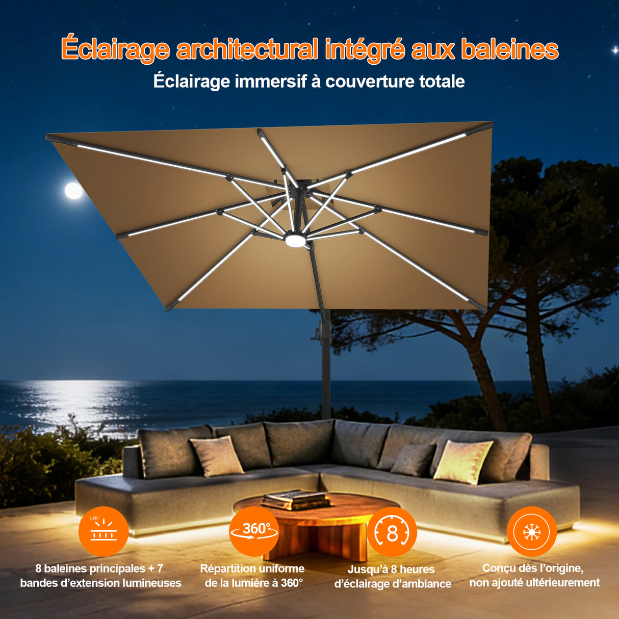 Patioslife Aegis – Parasol déporté Premium avec éclairage LED intégré, base croisée en métal et baleines en fibre de verre
