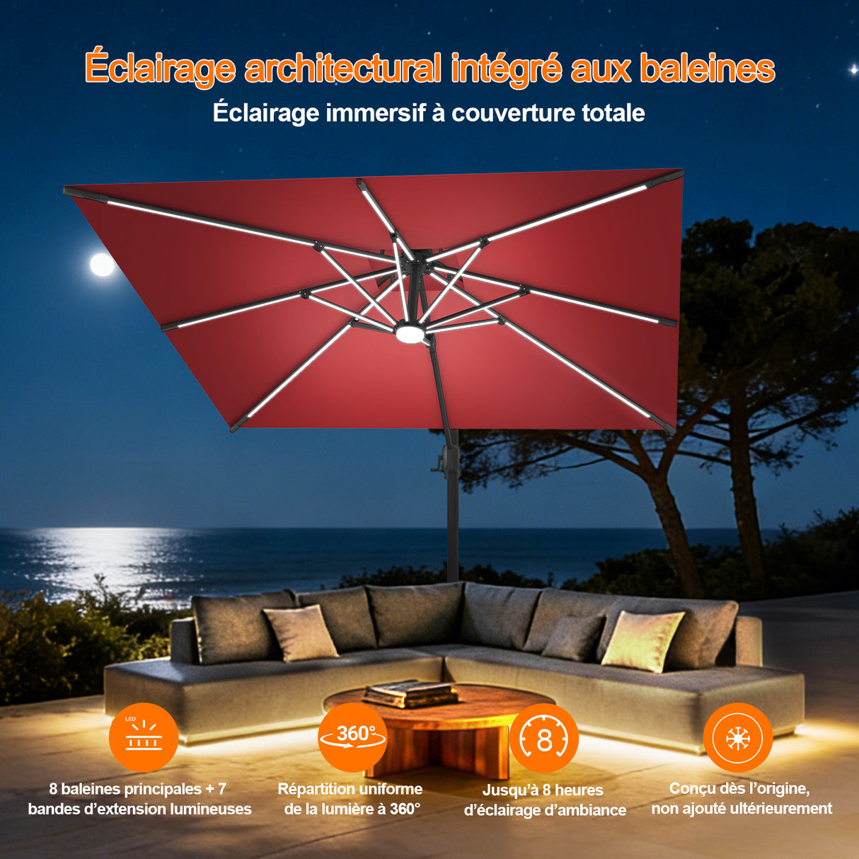 Patioslife Aegis – Parasol déporté Premium avec éclairage LED intégré, base croisée en métal et baleines en fibre de verre