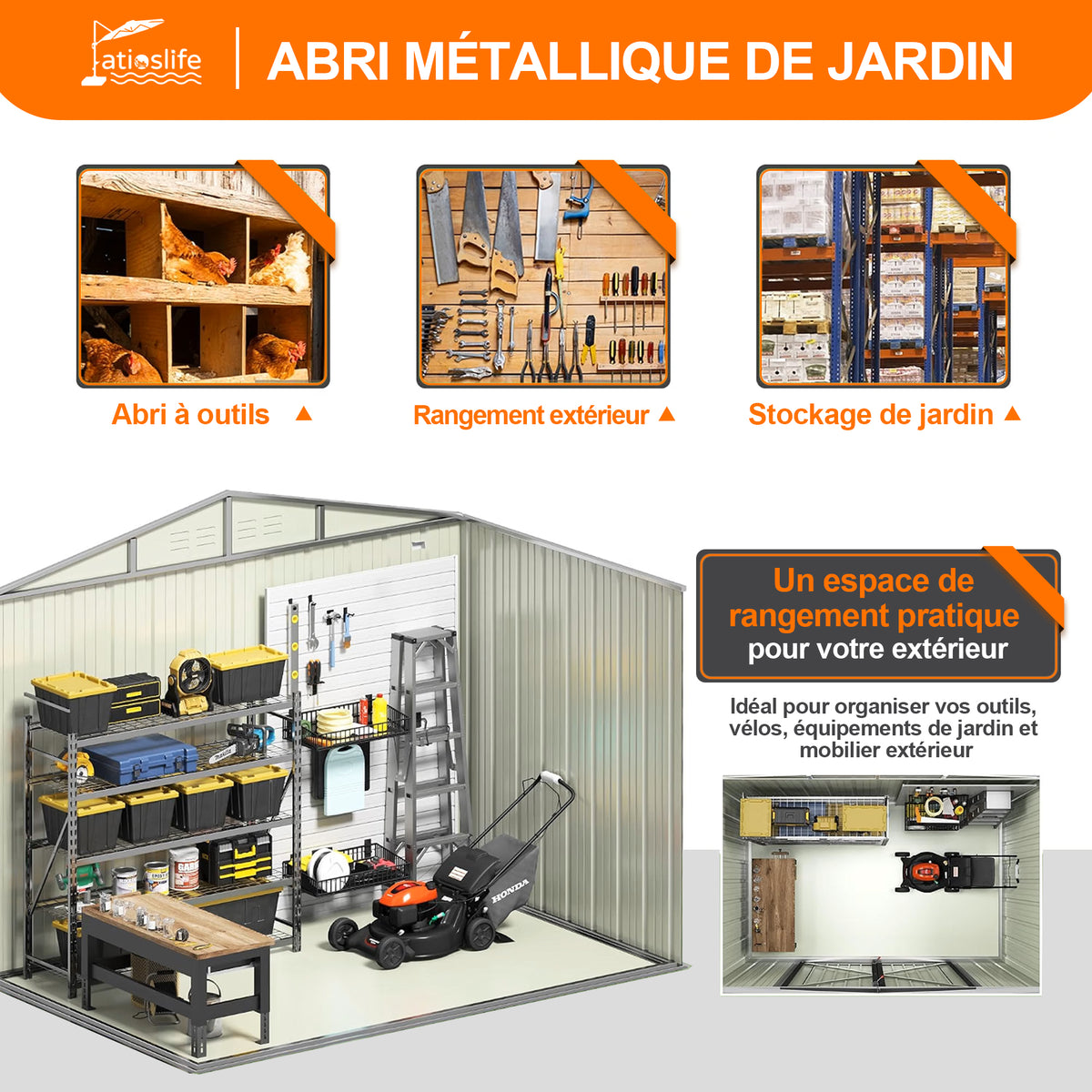 Patioslife Abri de Jardin Métal en Acier Galvanisé à Toit Double Pente – Abri de Rangement Extérieur Résistant aux Intempéries pour Outils de Jardin