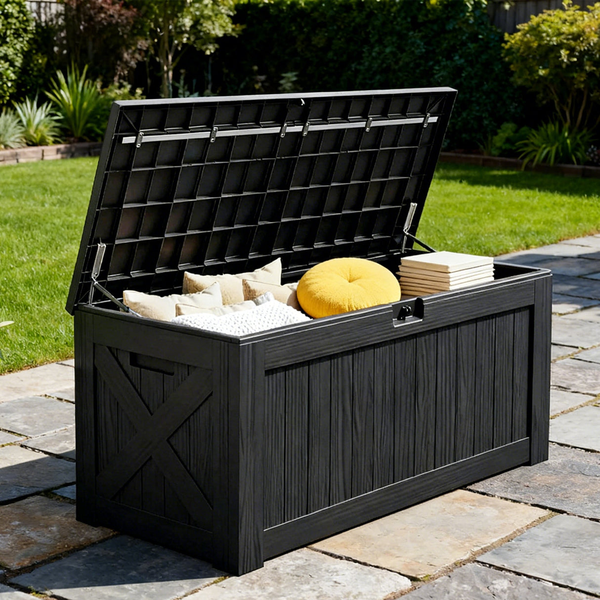 Coffre de rangement en résine – grand, résistant aux intempéries, anti-UV et verrouillable, idéal pour les coussins, les outils de jardin et les accessoires de piscine.