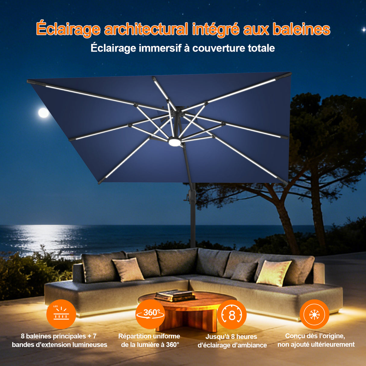 Patioslife Aegis – Parasol déporté Premium avec éclairage LED intégré, base croisée en métal et baleines en fibre de verre