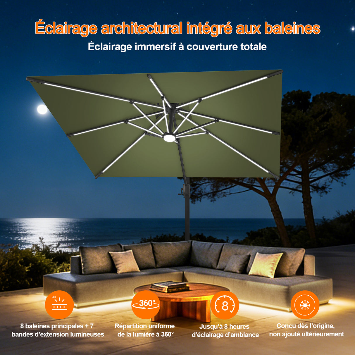 Patioslife Aegis – Parasol déporté Premium avec éclairage LED intégré, base croisée en métal et baleines en fibre de verre