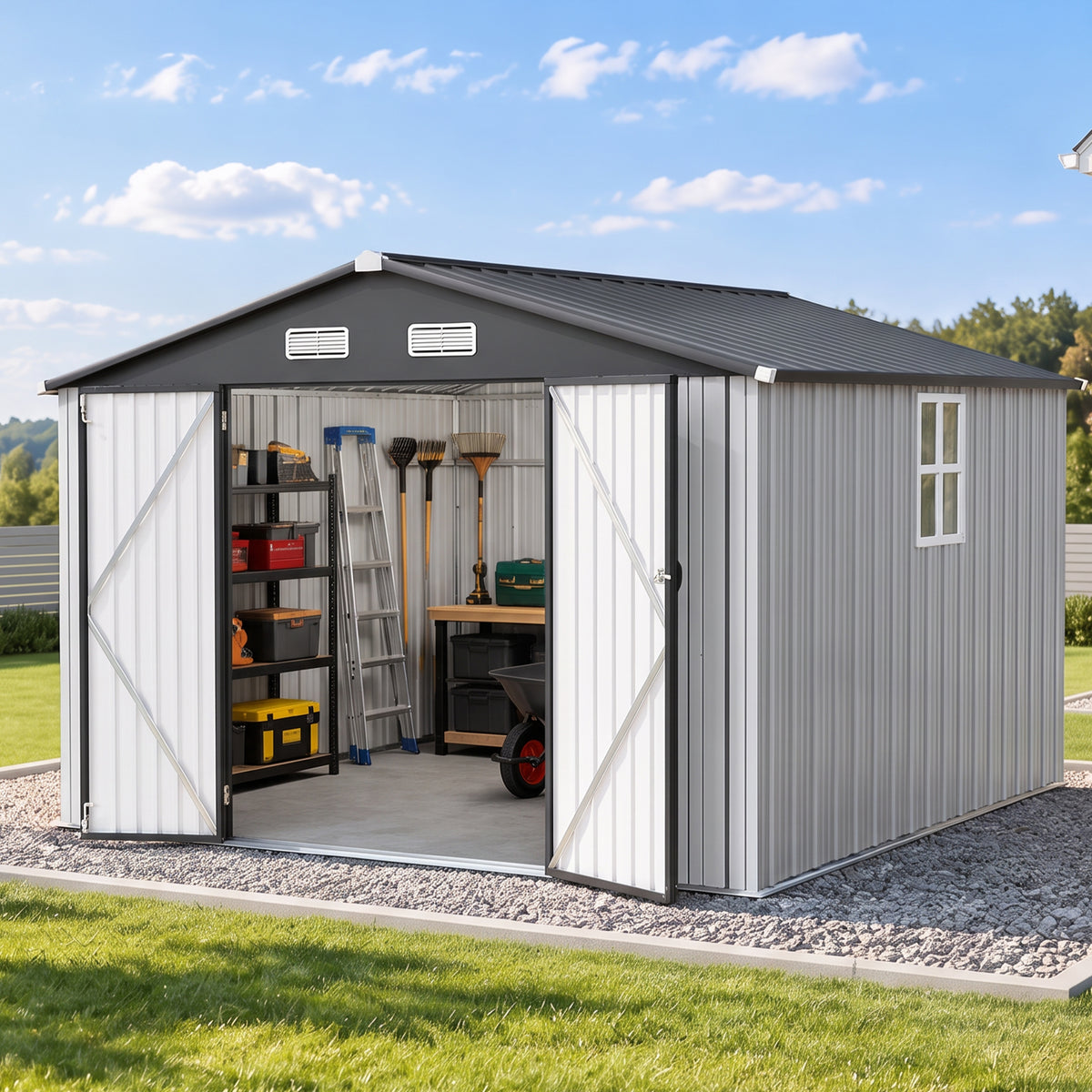 Patioslife YardVault Pro Abri de Jardin Métal Renforcé en Acier Galvanisé avec Fenêtre et Porte Verrouillable, Remise à Outils Extérieure Anti-Rouille