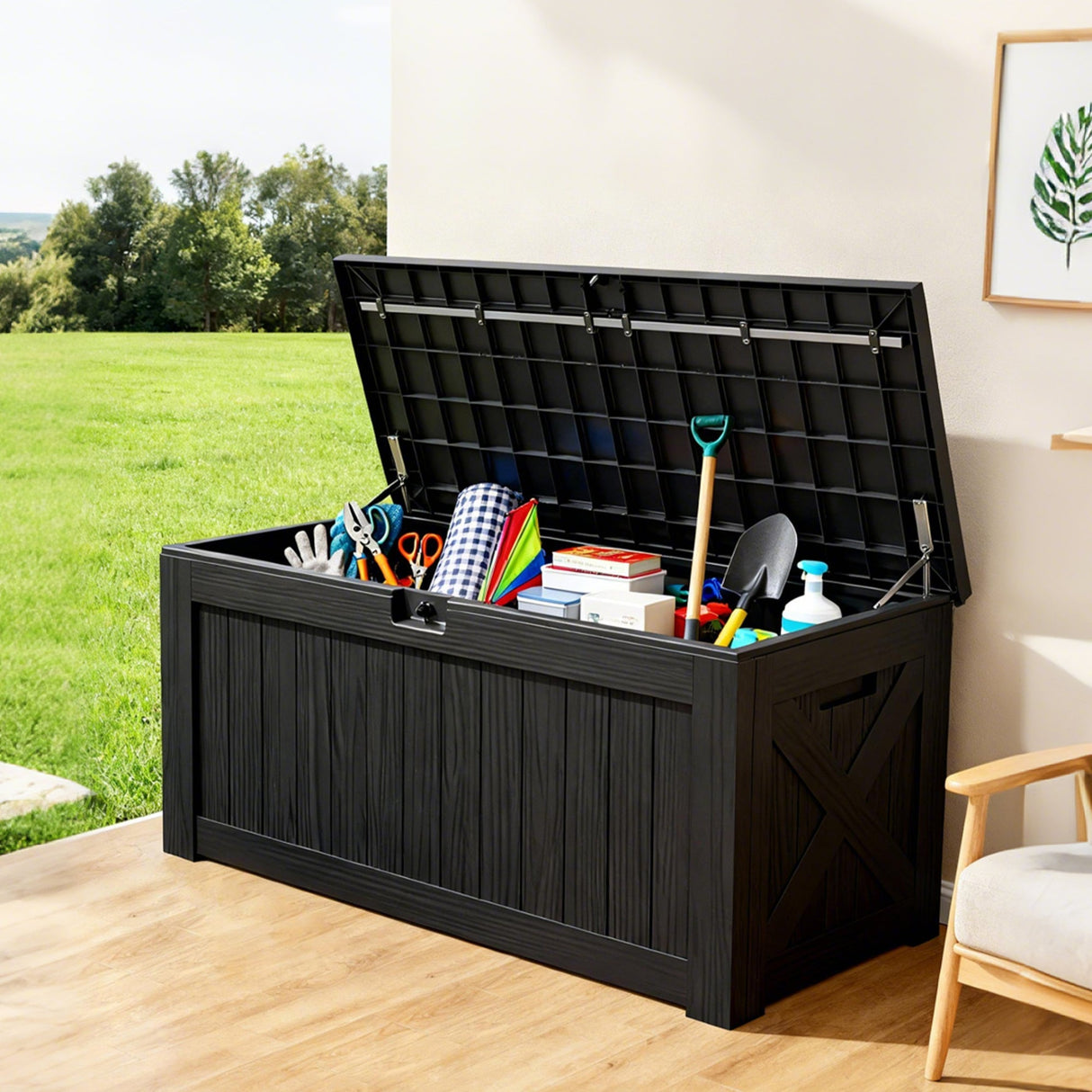 Coffre de rangement en résine – grand, résistant aux intempéries, anti-UV et verrouillable, idéal pour les coussins, les outils de jardin et les accessoires de piscine.